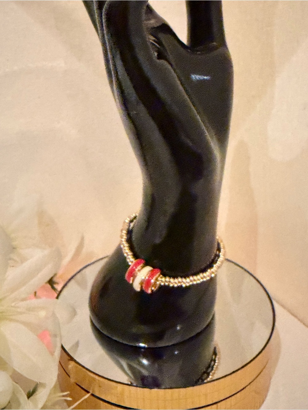 Roxanne Assoulin Gold Beaded Bracelet with Red & White Enamel Accent Rings.  NEW